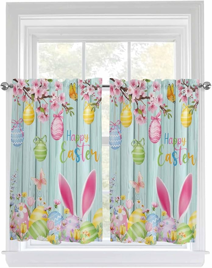 Happy Easter Tier Curtains 45 Inches Long, Spring Bunny Eggs Flower Teal Wood by Unknown