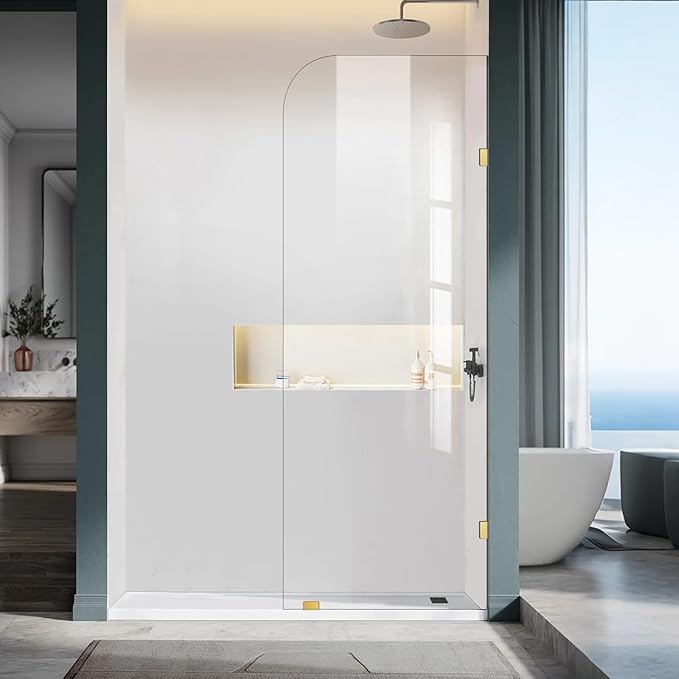Frameless Shower Door, 26" W ×78" H Fixed Shower Glass Panel with Clamps, 3/8" (10mm) Glass Shower Doors, Clear Tempered Bathroom Shower Panel in Brushed Gold