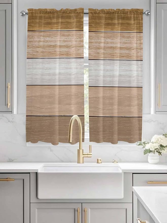 Retro Farm Wood Board Window Valance Curtains, 2 Panel - Image 3