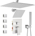 Enga Shower Systems with 4 Body Spray Jets, 4 Way 12+6" Rainfall Shower Head with Handheld Combo, Ceiling Mounted Shower Jets System in Wall Shower Faucet Sets Complete, Brushed Nickel