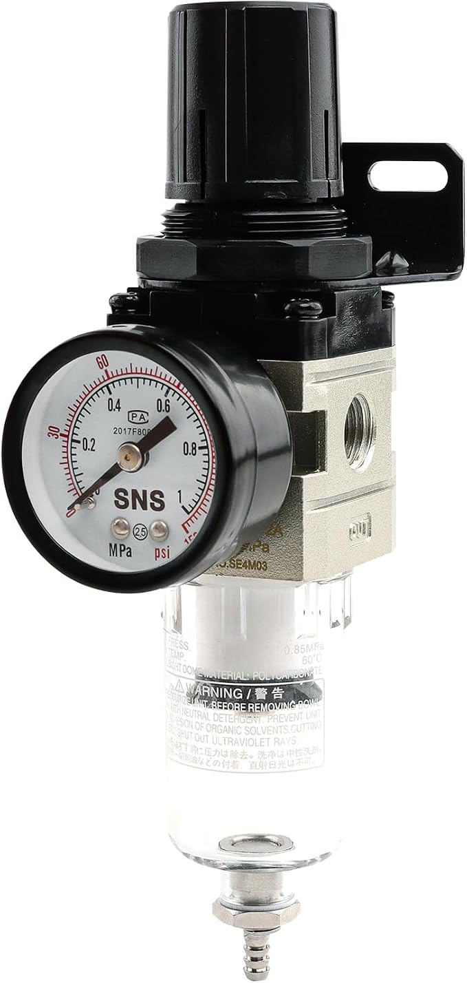 SNS Compressed Air Filter Regulator Piggyback Combo 1/4”NPT- Semi-auto Drain by SNS