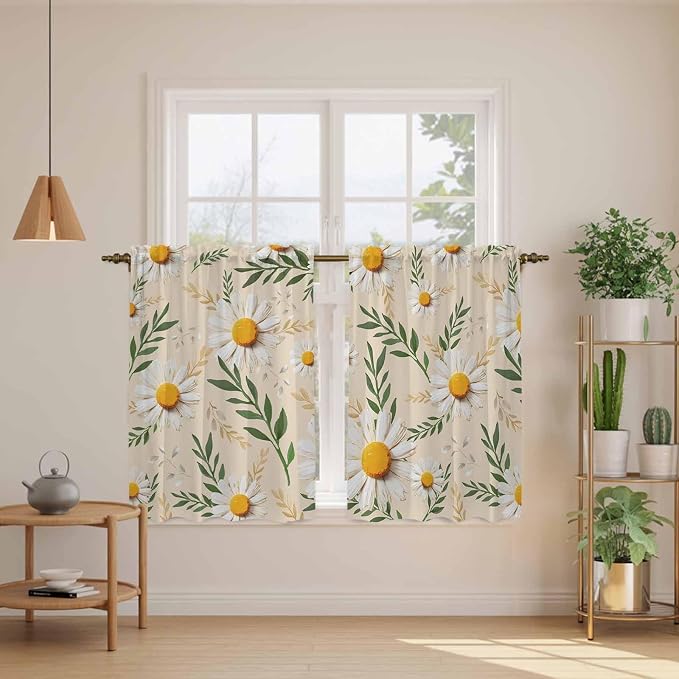 Spring Daisy Kitchen Curtains, Country Watercolor Flower Leaf Plant Light - Image 3