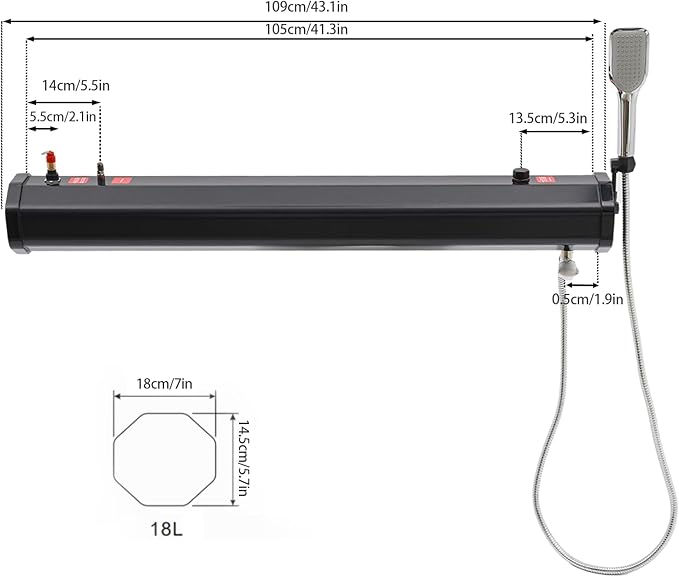 Portable Camping Shower Solar Portable Shower Water Tank for Camping Self-Pressurized Water Tank for SUV Overland Roof Rack 5.58ft Pipe 1.6bar 60℃/140℉ (18L)
