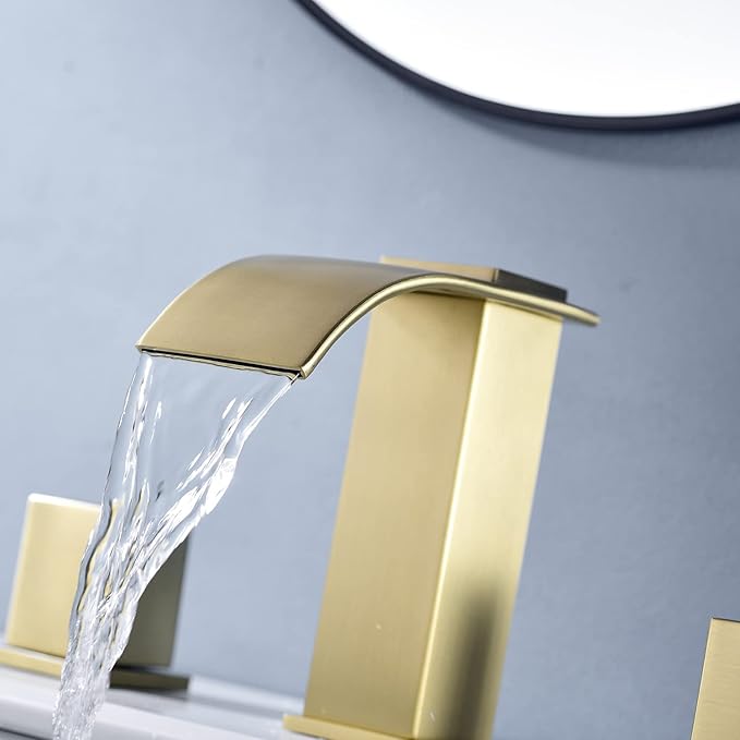 Luxury Brass 8 Inch Modern Widespread Waterfall Bathroom Sink Faucets with Copper Valve for 3 Hole 2-Handle Deck Bathroom Vanity Faucet, &Stainless Steel Pop-up Drain Assembly, Brushed Champagne Gold