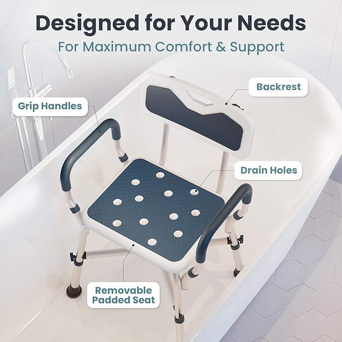 Shower Chair for Elderly and Disabled (450lb) with Padded Armrests and Back, Adjustable Height Shower Seat, Heavy Duty Shower Chairs for Inside Shower, Handicap - Teal