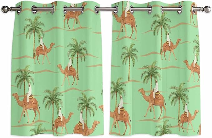 2 Panel Kitchen Cafe Curtains, Desert Camels Sunlight Filtering Nature Air by Hokiten