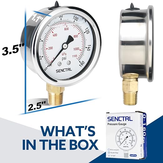 SENCTRL 160 Psi Lead-Free Glycerin Liquid Filled Low Pressure Gauge, 2.5" Dial - Image 6