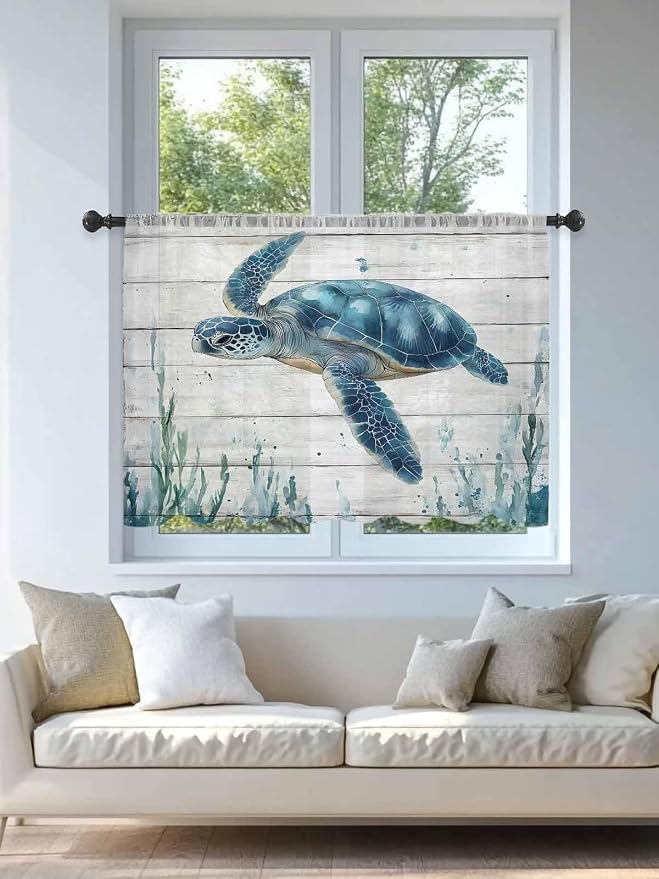 Sheer Curtains 54 Inch Length, Teal Green Ocean Turtle Semi Sheer Curtains - Image 4