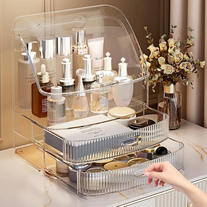 Makeup Organizer Countertop Vanity with Transparent Lid Drawers Waterproof Dustproof Cosmetic Skincare Bathroom Storage Gift for Women Teens Girls (Clear Whtie)