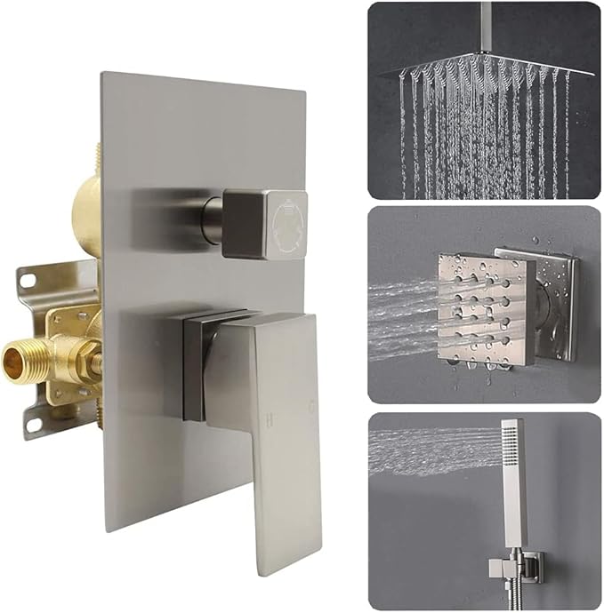Shower System with Body Jets, 16 Inch Ceiling Mounted Multi Shower Head System with Overhead Rainfall Showerhead and Handheld Sprayer and Pressure Balance Valve kit, Brushed Nickel