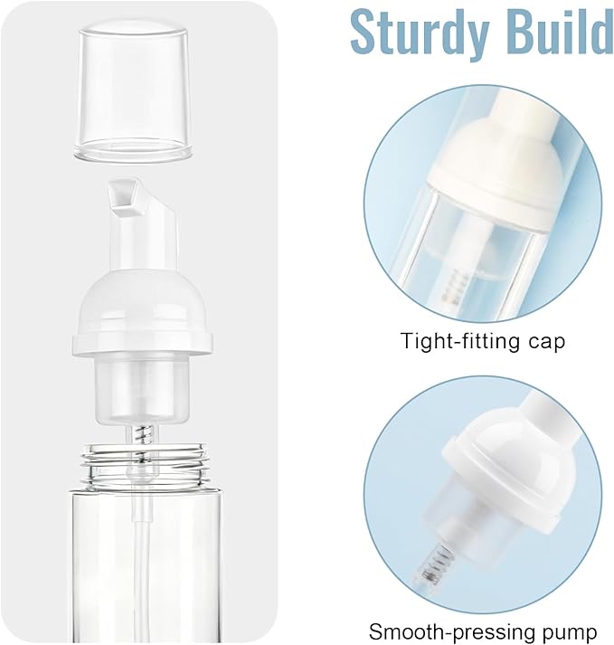 5 Pack 2 oz Travel Foam Pump Bottle, 60 ml Foam Dispenser, Clear PET Foaming Pump Bottle for Hand Soap, Shampoo, Hair Mousse, Self-Tanner, Facial Cleansers (5, Transparent)