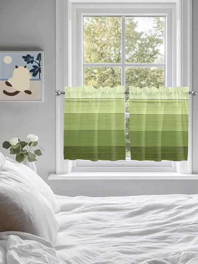 Gradient Green Wooden Board Window Valance Curtains, Retro Country Wood Grain - Image 3