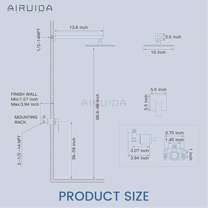 Airuida Shower Faucet Set Bathroom Rain Shower System SUS304 Stainless Steel Single Handle With Male Threads Rough-in Valve Shower Trim Kit 10 Inch Wall Mount Shower Head Brushed Nickel