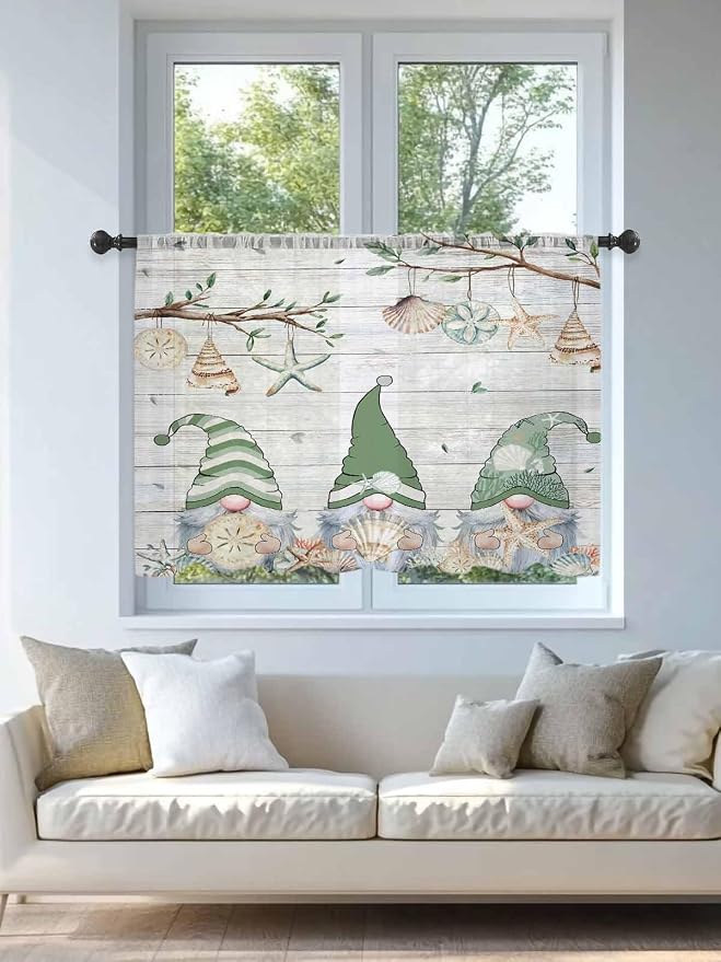 Sheer Curtains 45 Inch Length, Sage Green Gnomes Semi Sheer Curtains Light - Image 4
