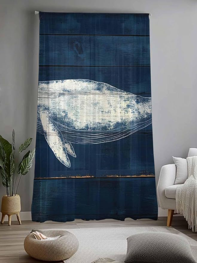 Sheer Curtains 84 Inches Long, Summer Whale Semi Sheer Curtains Light Filtering - Image 2