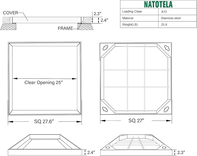 28x28x2.4 inch Invisible Stainless Steel Manhole Cover and Frame, Recessed - Image 5