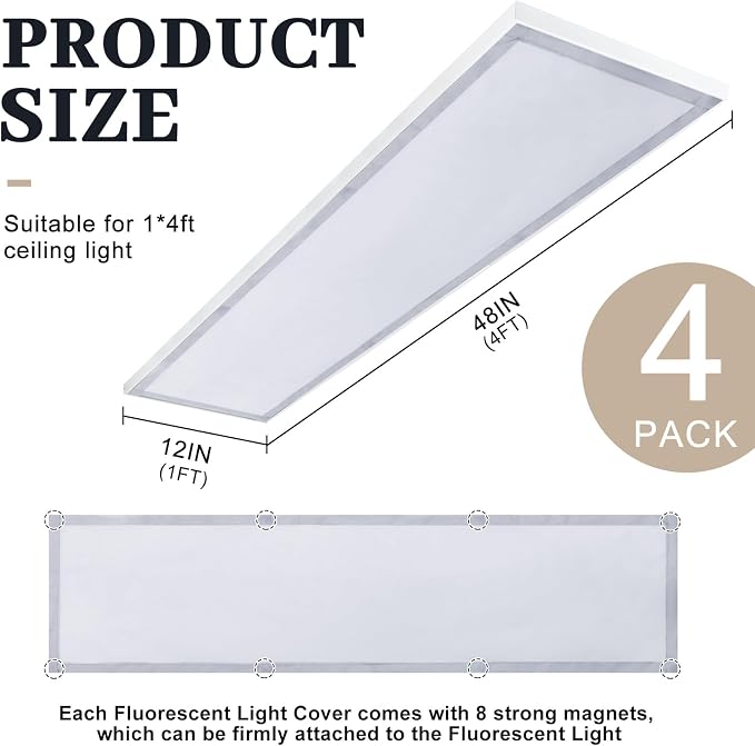 4 Pcs 1 x 4 ft Magnetic Fluorescent Light Covers Fabric Ceiling Light Filter - Image 2