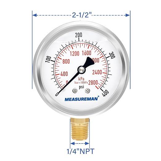 MEASUREMAN 2-1/2" Dial Size, Glycerin Filled Pressure Gauge, 0-400psi/2800kpa - Image 7