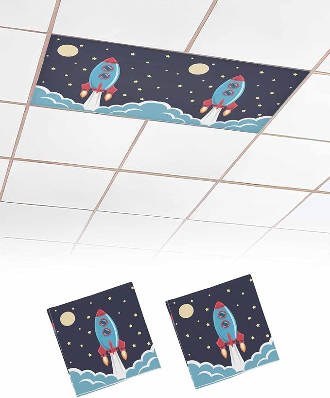 Yukro 2 Pack Cute Cartoon Fluorescent Light Covers Rocket Moon Stars Night Sky by Unknown
