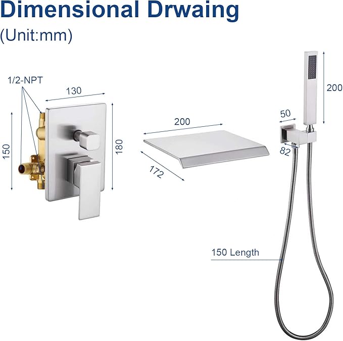 Taplong Wall Mount Tub Faucet with Waterfall Tub Spout Wall Mounted Bathtub Faucet with Handheld Shower Single Handle Tub Filler, Shower Faucet Set with Rough-In Valve, Brushed Nickel,91266BN