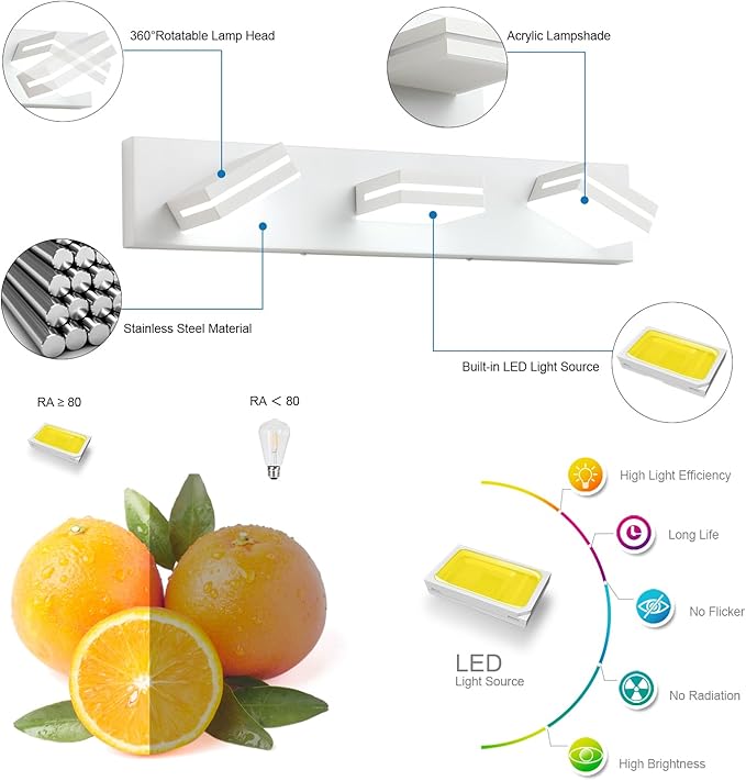SineRise LED Modern Bathroom Vanity Light Fixtures (3-Light, 24-Inch), Matte White Modern Acrylic Bathroom Wall Lighting Fixtures Over Mirror (Cool White 6000K)