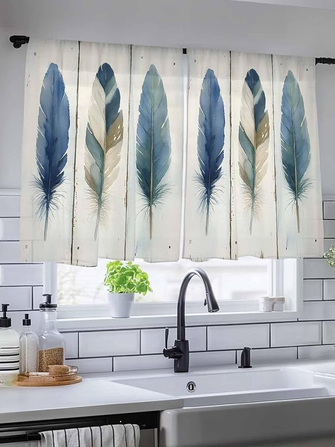 Sheer Curtains 54 Inch Length, Boho Blue Feathers Semi Sheer Curtains Light - Image 5