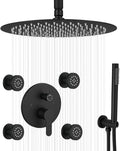 Matte Black Round Shower Faucet Set with Body Jets 16 Inch Shower Head Handheld Shower Combo Set High Pressure Ceiling Mount with Rough-in Valve