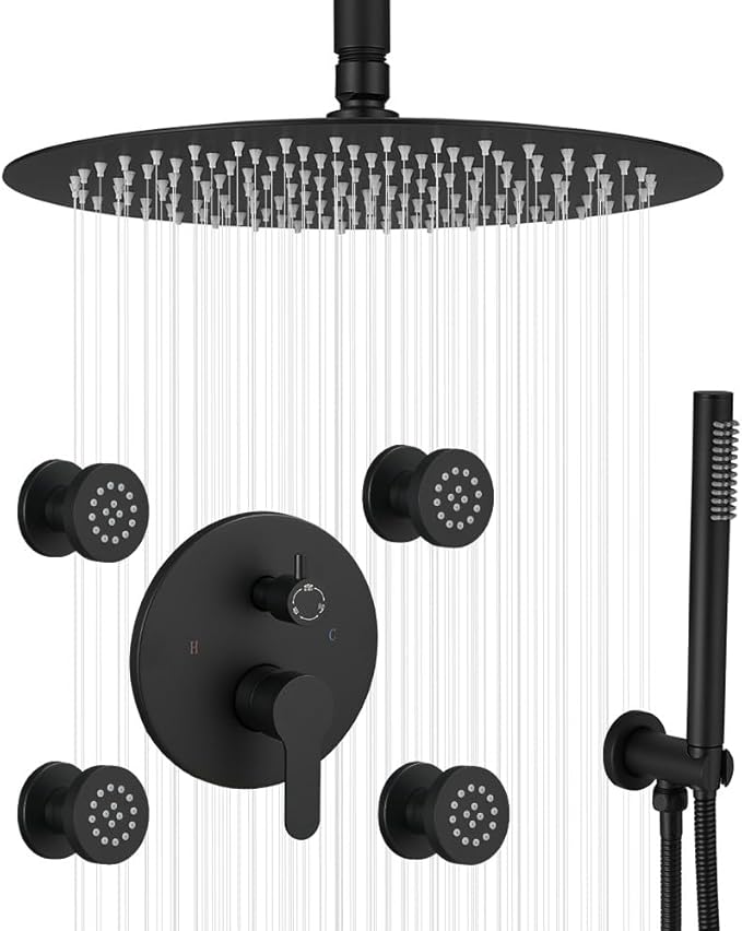 Matte Black Round Shower Faucet Set with Body Jets 16 Inch Shower Head Handheld Shower Combo Set High Pressure Ceiling Mount with Rough-in Valve