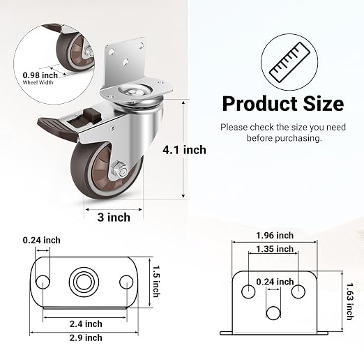 Nefish Side Mount Casters 3 Inch L-Shaped Heavy Duty Rubber Caster Set of 8 - Image 2