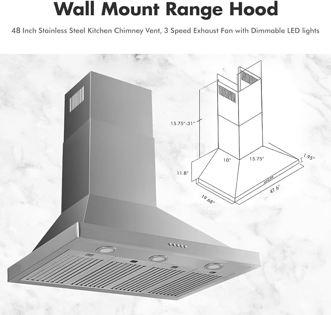 VAV Upgraded 48 inch Wall Mount Range Hood Vent Convertible Dual Motors 1500CFM - Image 2