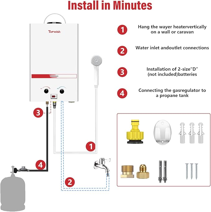 Tankless Water Heater 8L, 2.11GPM Portable Propane Camping Water Heater with Digital Display Handle Overheating Protection, 54,500 BTU Instant Gas Hot Water Warmer for Outdoors RV Shower Cabin