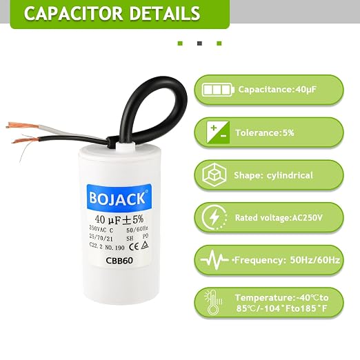 BOJACK Run Capacitor 40 uF MFD 250V AC 40 MFD CBB60 2 Wire 50/60Hz Cylinder - Image 3
