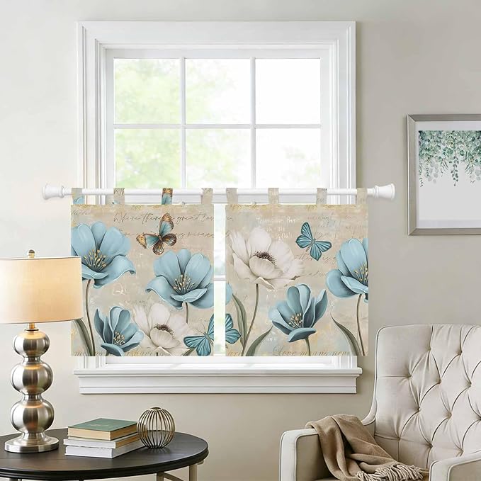 Spring Flowers Kitchen Curtains 24 Inch Length, Small Window Curtains Tab Top - Image 2