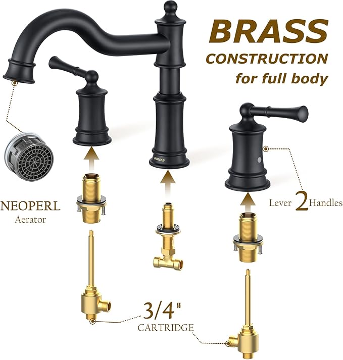 Roman Bathtub Faucet Deck Mount Tub Faucet for Bathroom Widespread Elegant Classic Spout with 3 Holes 2 Handle Valve Cartridge Included, Matte Black