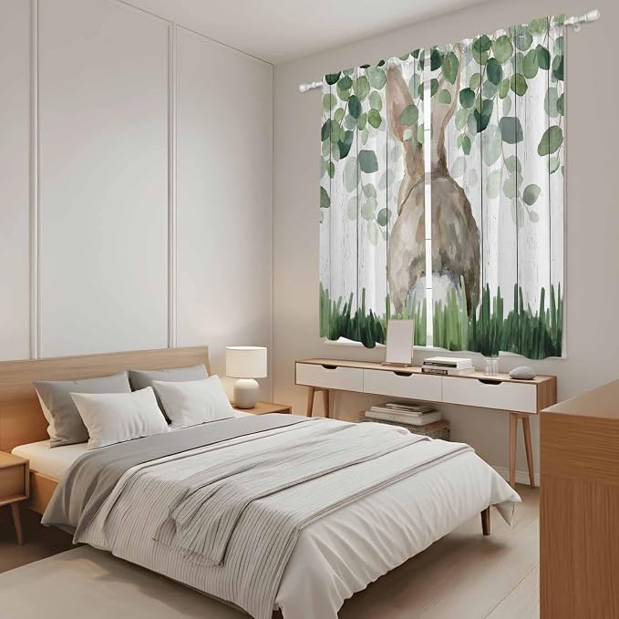 Easter Kitchen Curtains, Country Rabbit Botanical Leaves Wooden Grain Light - Image 4