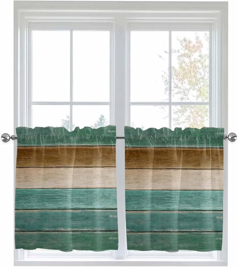 Vintage Plank Turquoise Brown Window Valance Curtains, Farmhouse Wood Grain - Image 9
