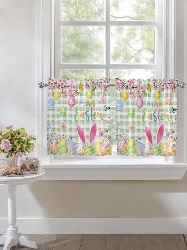Happy Easter Half Window Curtains 24 Inches Long, Spring Bunny Eggs Flower Sage - Image 7
