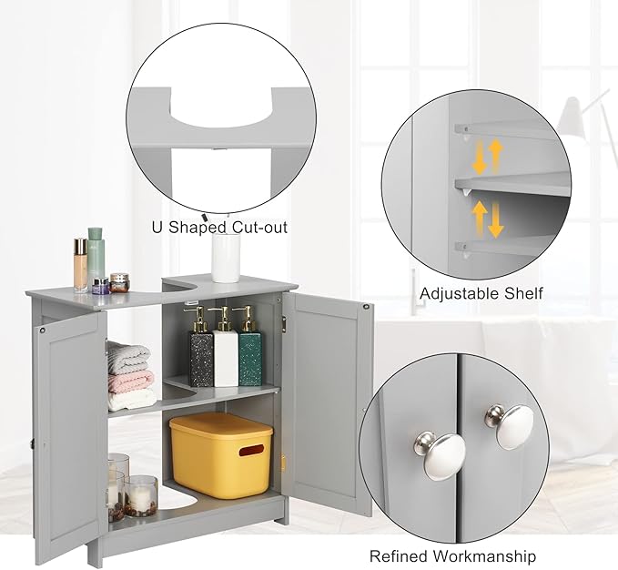 Bonnlo Pedestal Under Sink Storage Bathroom Vanity with 2 Doors Traditional Bathroom Cabinet Space Saver Organizer 23 5/8" x 11 7/16" x 23 5/8" (L x W x H) (Grey)