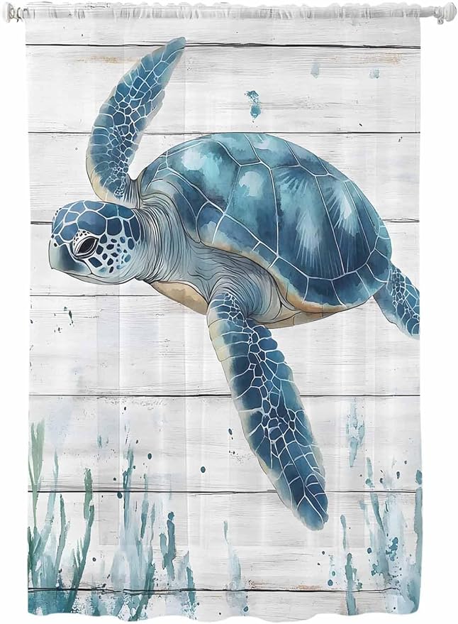 Sheer Curtains 72 Inches Long, Teal Green Ocean Turtle Semi Sheer Curtains by Unknown