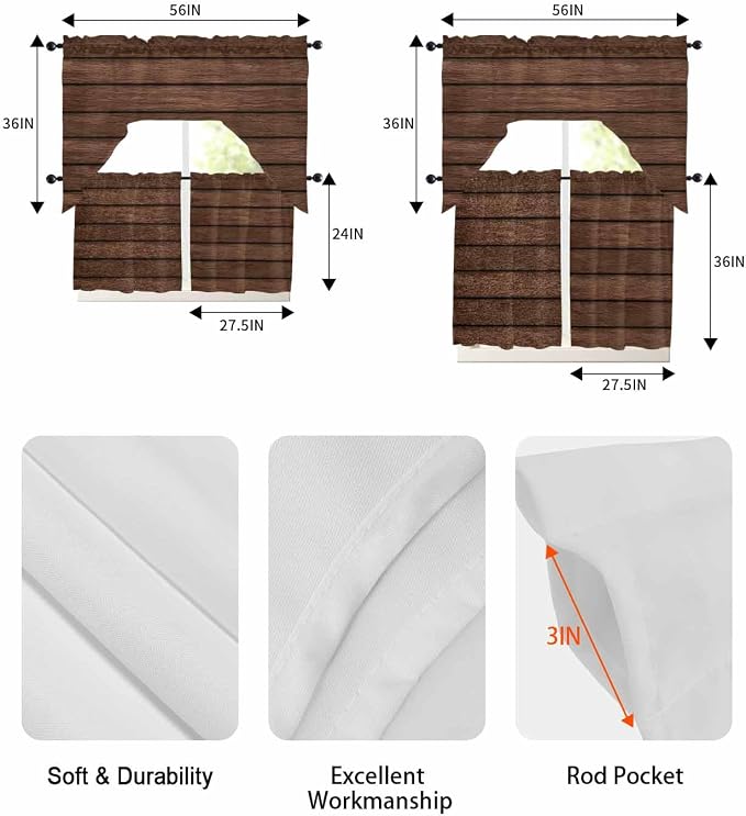 Brown Wooden Board Swag Kitchen Curtains Valance and Tier Set, Vintage Wood - Image 6