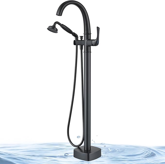 Free Standing Tub Faucet, Jabbol Luxury Freestanding Bathtub Faucet with Sprayer, Brass Bathroom Floor Mount Tub Filler, Matte Black (JB-8811BK)