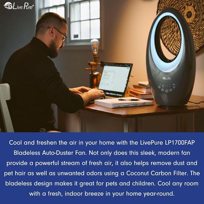 LivePure Bladeless Oscillating Fan w/Filter. 3-Speed Adjustment, Touch Control - Image 8