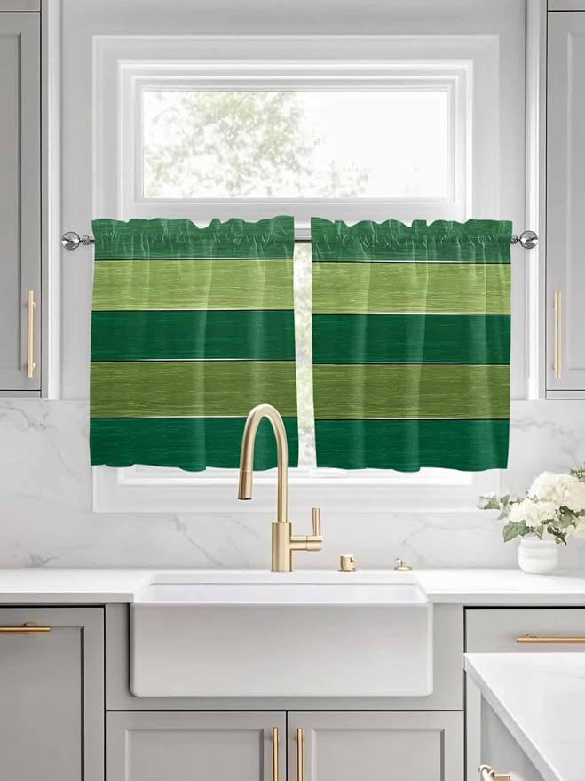 Farm Retro Green Wood Grain Window Valance Curtains, Rustic Wooden Plank by IDOWMAT
