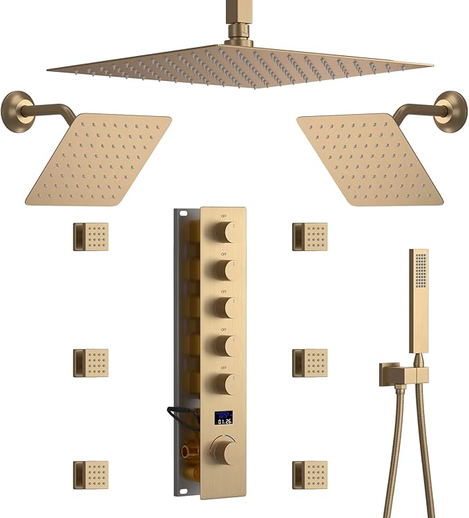 Brushed Gold Triple Shower Heads Shower System with 12"+8"+8" Top Shower Heads, Digital Display Shower Valve, Body Jets and Handheld Shower,Full Body Shower System