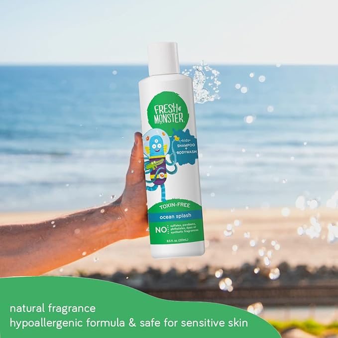Fresh Monster 2-in-1 Natural Shampoo & Body Wash for Kids, Toxin-Free, Hypoallergenic, Ocean Splash (2 Pack, 8.5oz/each)