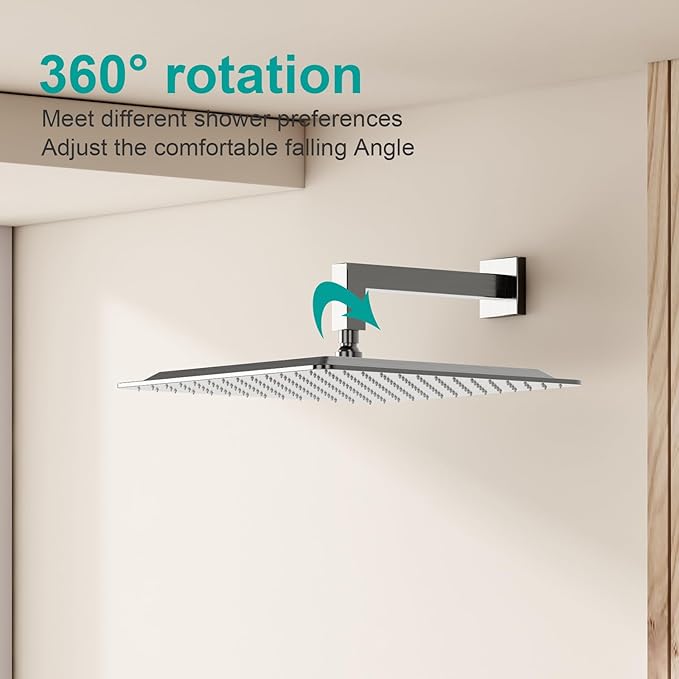 Square Rain Shower Head, High Flow Stainless Steel,Work with any decorative style，All Metal Rainfall Shower Head (Brushed Nickel, 16)
