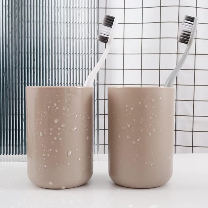 Bathroom Tumblers 2Pcs, Mouthwash Cup, Toothbrush Holders, Drink Mug, Pen Holder, Unbreakable Dishwasher Safe, 10fl.oz(300ml)/Pcs (Brown & Brown)