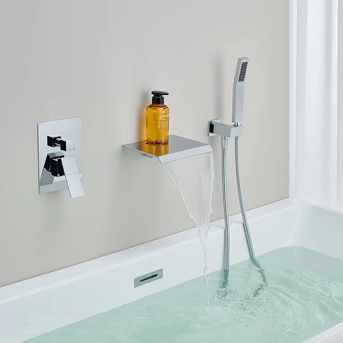 Wall Mount Tub Filler Waterfall Tub Faucet Chrome Bathtub Faucet Brass Single Handle Bathroom Faucet with Hand Shower