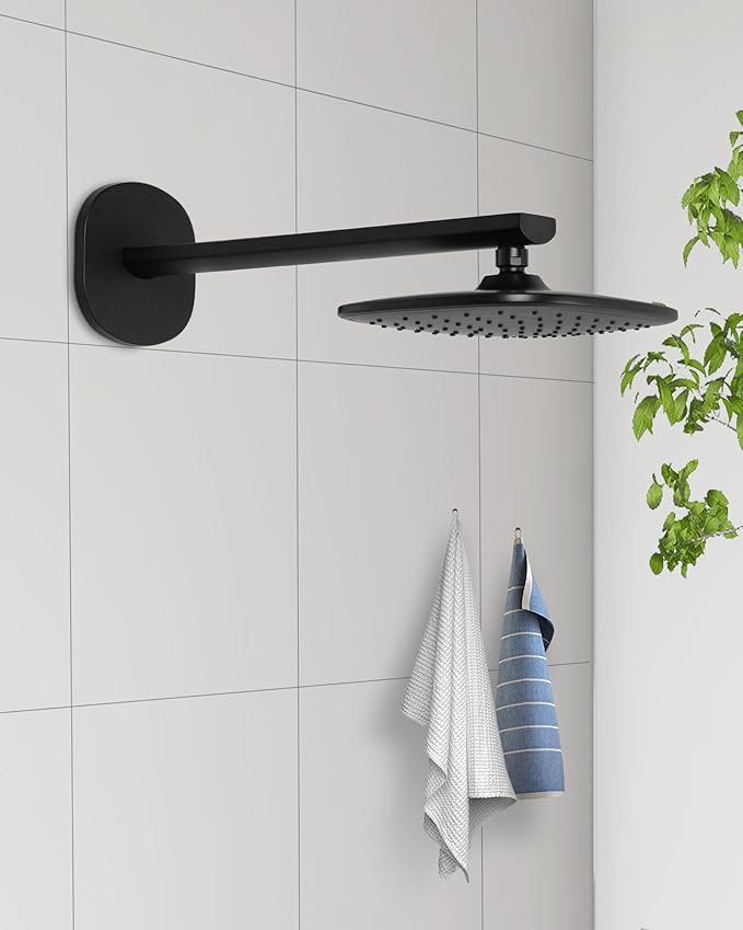 PHASAT Shower Arm with Flange,Stainless Steel Shower Head Extension Arm Replacement,Shower Arm Extension Wall-Mounted,Matte Black,PU9H04