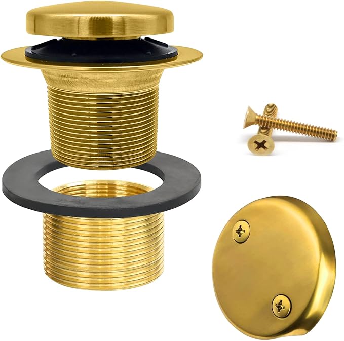 LXLTOUS Brushed Gold Toe Tap Bathtub Trim Set with Two-Hole Overflow Faceplate, Replacement Brass Tub Drain Kit with 2-Hole Overflow Cover and Universal Fine/Coarse Thread, Fits 1-3/8" and 1-1/2"